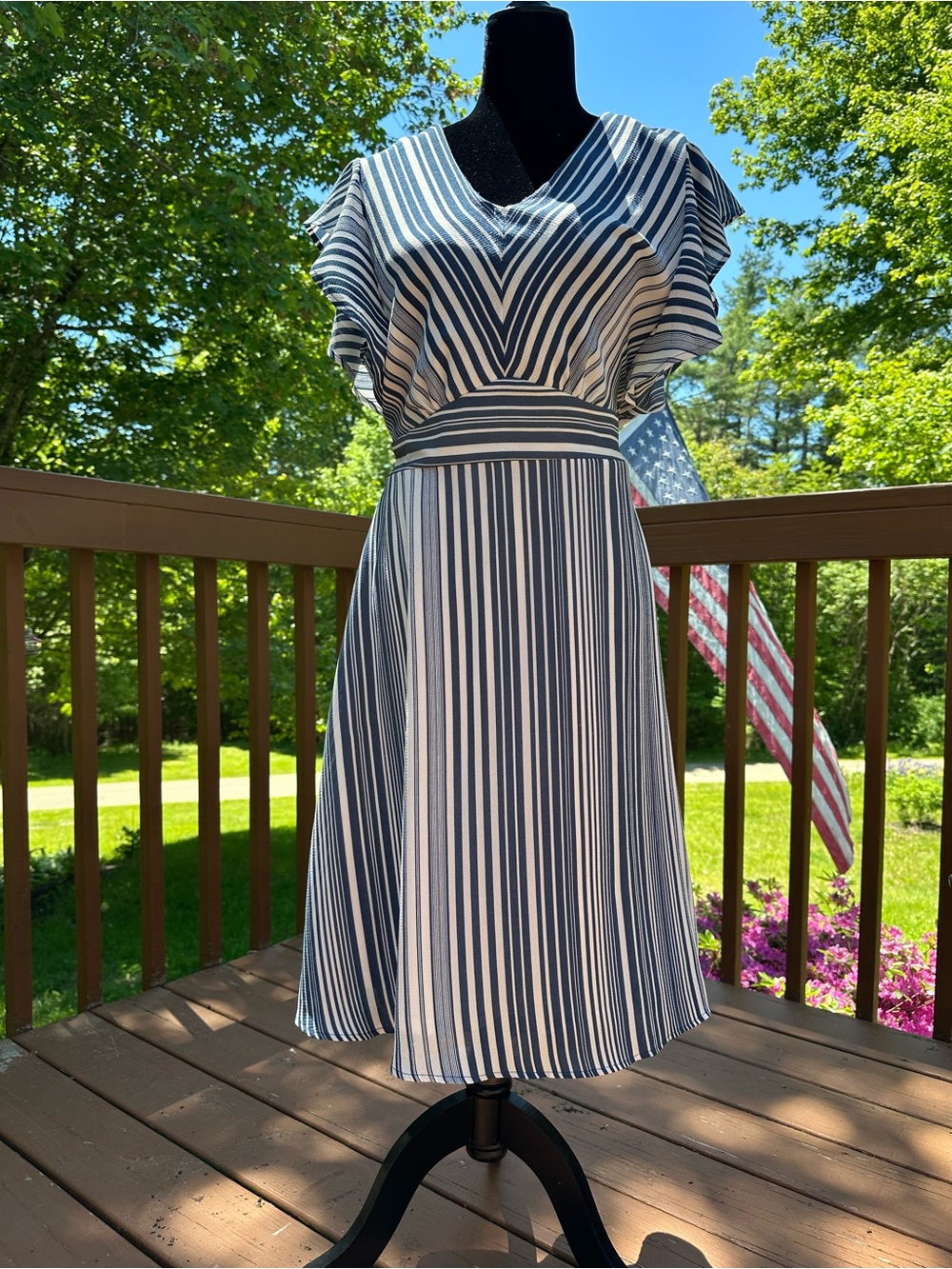Monteau Navy and White Striped V-Neck Dress